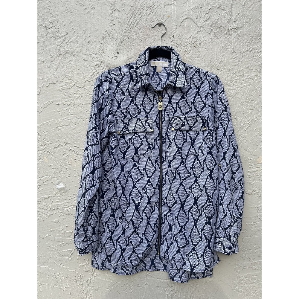 Michael Michael Kors Navy Blue Snakeskin Zip Front Blouse Long Sleeve Small